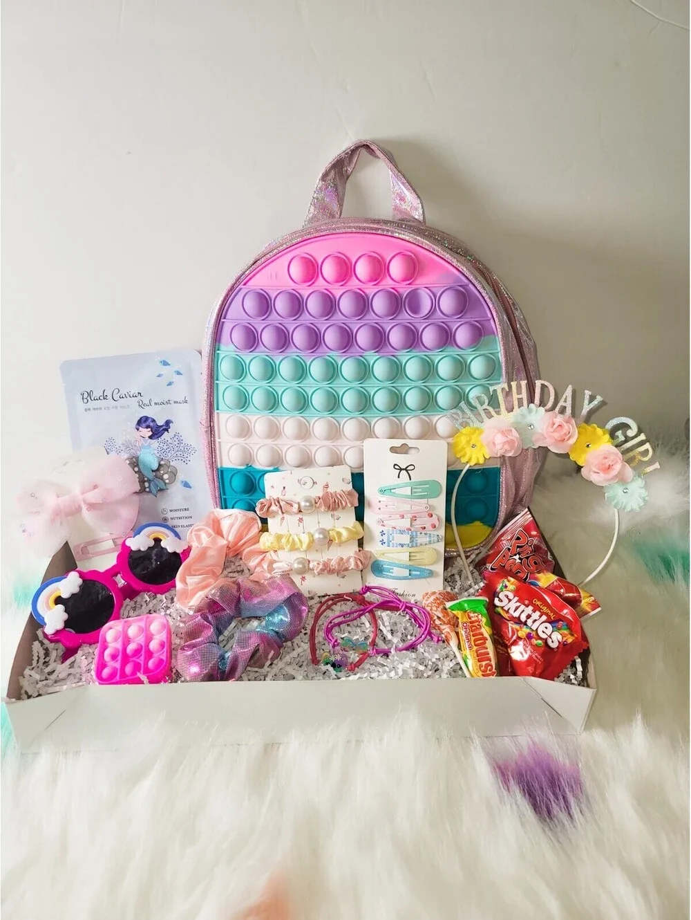 Pink Girls Gift Box with Pop It Backpack Hair Accessories